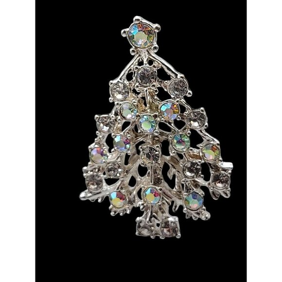 Aurora Borealis Christmas Tree Brooch Silver Tone Sparkling Prong Set Rhinestone - Picture 8 of 10